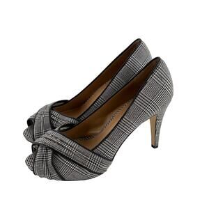 Talbots Houndstooth Peep Toe Heels 9 Black White Plaid Pumps Academia Prep